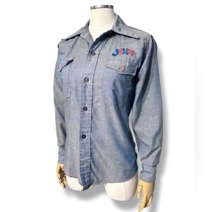 RIVERSIDE Blue Button Front Shirt Contrast Stitching Hand Painted VINTAGE 70s